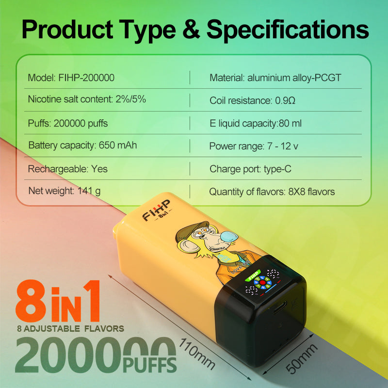 FIHP 8in1 200.000 szívásos vape  5% nikotin, 8 íz kombináció